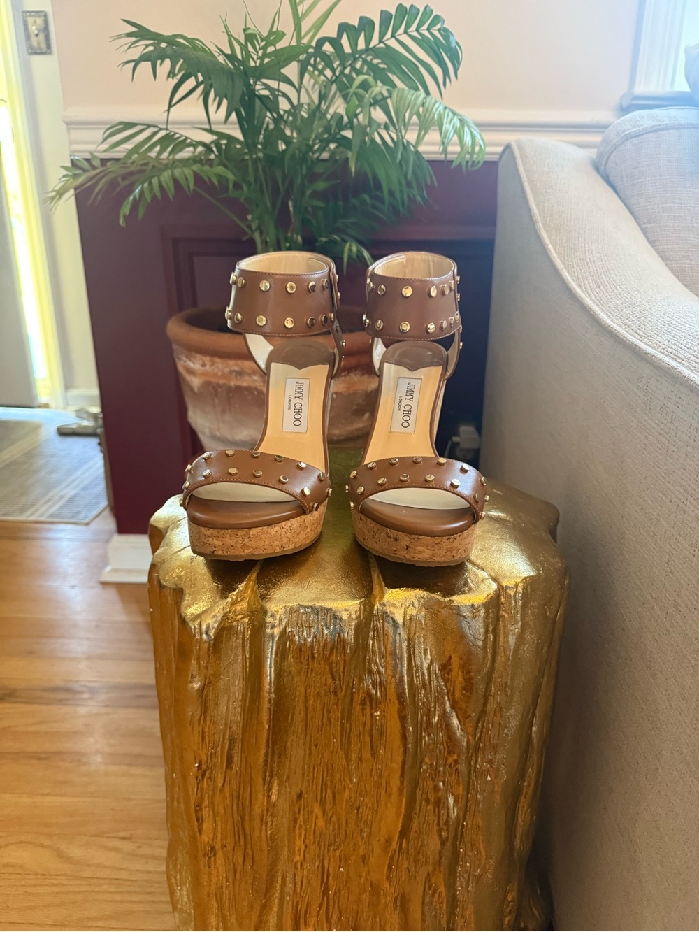 Jimmy Choo Brown Studded Leather Cork Platform Sandals